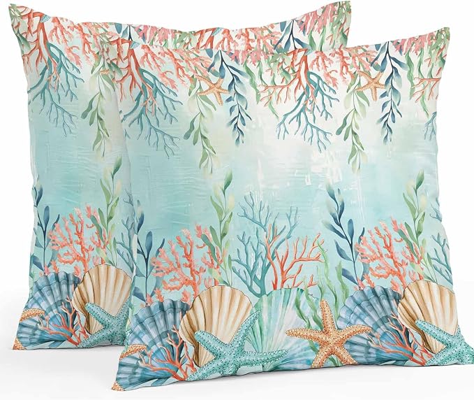 Throw Pillow Covers 24x24 Inch Set of 2, Ocean Starfish Seaweed Waterproof Outdoor Pillow Covers, Summer Coastal Beach Shell Coral Teal Decorative Cushion Pillowcases for Couch, Sofa, Bed, Patio