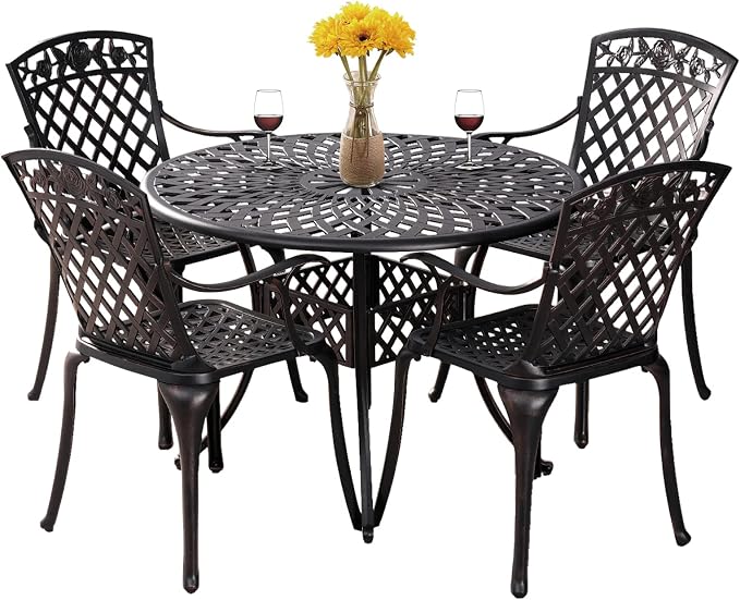 5 Pieces Outdoor Patio Dining Set, Cast Aluminium Patio Furniture Set with 4 Chairs Round Table, Anti Rust Outdoor Dining Set with 1.97" Umbrella Hole for Garden, Porch and Poolside, Bronze