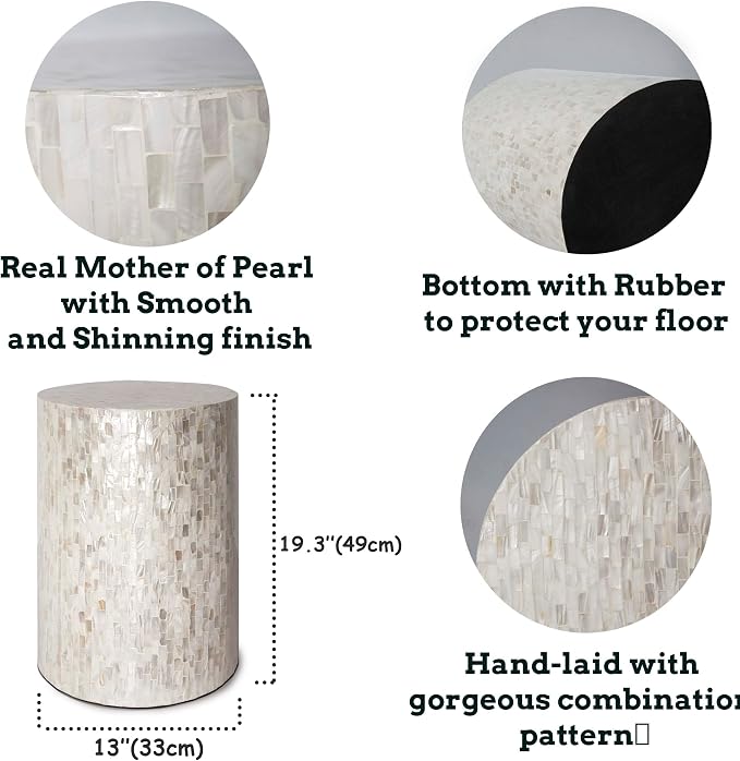 PEMAR Mother of Pearl Cylinder Drum End Table Nacre Side Stool Round Accent Table Coffee Bedside Nightstand and Vanity Stool 13" Diameter x 19.3" High Pearl White & Cream