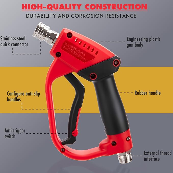 Pressure Washer Gun, Short Pressure Washer Gun with 2 Pressure-Washers Wands, 5 Nozzle Tips, M22 Fitting, 38 Inch, 5200 PSI