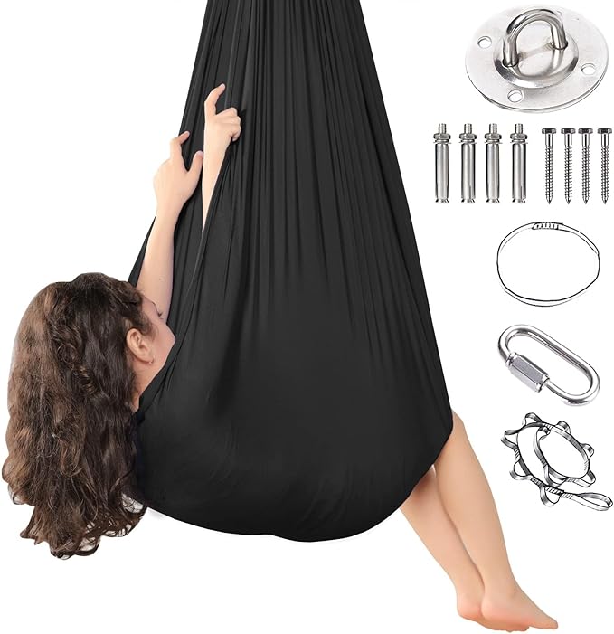 Yoga Swing for Kids Hammock Children Hangin Indoor Outdoor Autism Aspergers,ADHD Kids Hangin Therapy Swing 110inch x 59inch (Hardware Included) Black