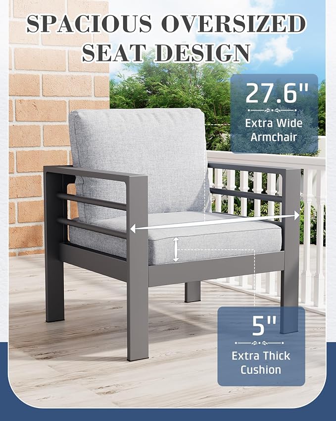 AECOJOY Aluminum Patio Furniture Set, 7 Seats Modern Outdoor Furniture with Coffee Table, 5 Pieces Metal Conversation Sectional Sofa, Light Gray