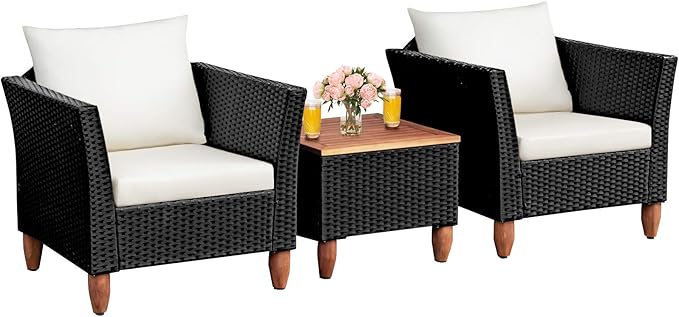 COSTWAY 3 Pieces Patio Rattan Furniture Set, Outdoor Wicker Conversation Chairs Set with Acacia Wood Coffee Table & Washable Cushion, Porch Furniture Bistro Set for Balcony, Garden, Backyard, White