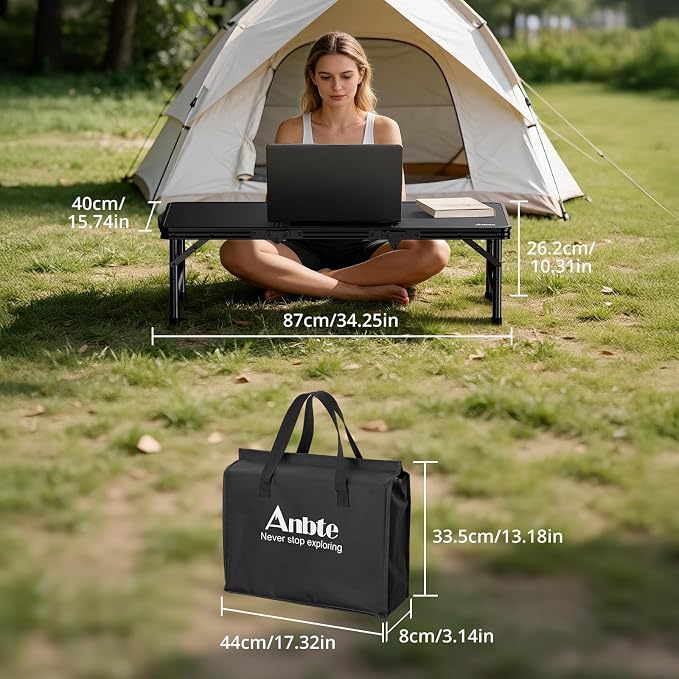 Anbte 34.2" x 15.7" Small Low Folding Picnic Table, 10.3" Height Thicker Aluminum Small Camping Table with Storage Bag, Portable Handle, Lightweight, for Camping Beach Party Picnic Floor, Black
