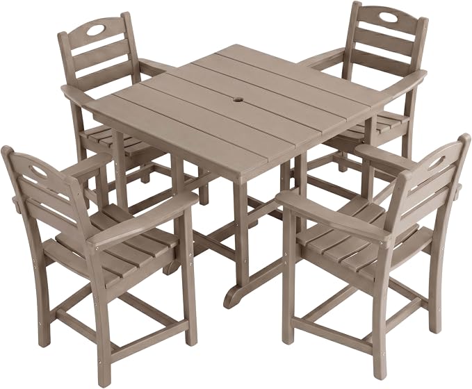 WILLIAMSPACE 37.8" Outdoor Patio Dining Set with 4 Armchairs, All Weather HDPE Square Dining Table with Umbrella Hole, Patio 5-Piece Bistro Set for Backyard, Balcony, Lawn, Kitchen (Brown)
