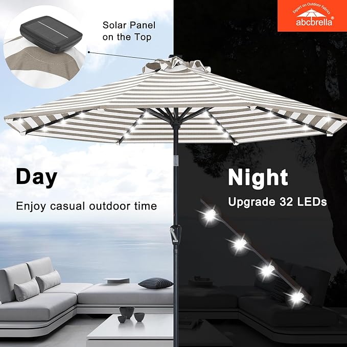 ABCCANOPY OLEFIN® 5-Year No Fading Patio Umbrella with Solar Lights (Gray Stripe)