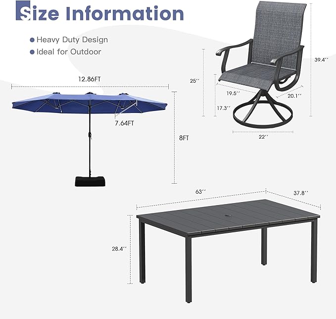 VICLLAX Patio Table and Chairs with Patio Umbrella, 6 Patio Swivel Chairs and Metal Patio Table with 15ft Blue Outdoor Umbrella for Backyard, Dark Charcoal Chairs & Black Tabletop