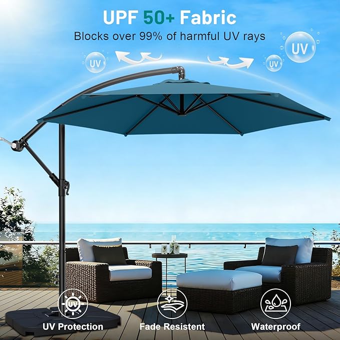 AreShark 10FT Patio Outdoor Umbrella, Offset Patio Umbrella Cantilever Umbrella, 6 Sturdy Ribs, Easy Adjustment for Garden Market Pool with Cross Base (Lake Blue)