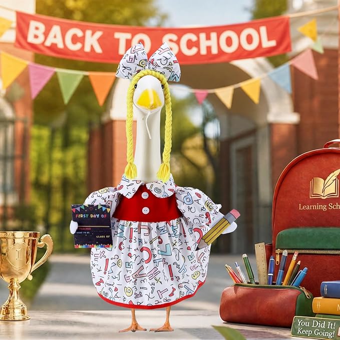 Back to School Porch Goose Outfits for 23 Inch Statue, First Day of School Costume for Cement Statue, Duck Sculpture Clothes for Classroom Patio Decoration