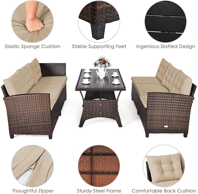 HAPPYGRILL 3 Pieces Wicker Patio Conversation Set, Outdoor Rattan Sofa Set with Cushions, Patio Furniture Set with Coffee Table for Patio Garden Lawn Poolside and Backyard