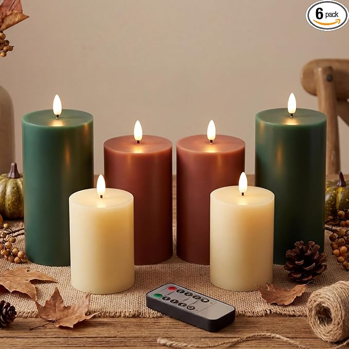 6 Pcs Flameless Candles Battery Operated LED Flickering Flameless Pillar Candles with Remote Real Wax Khaki Brown Green Table Decorations for Spring Wedding Home Decor