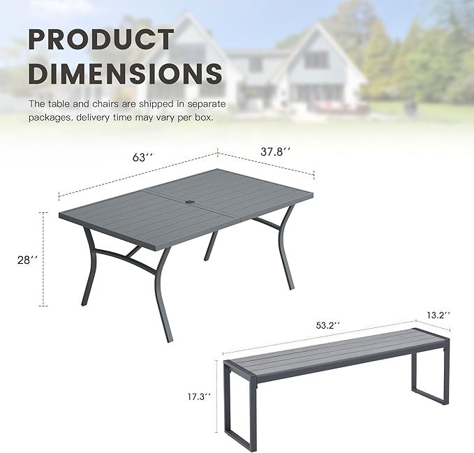 3 Pieces Outdoor Dining Set, 63.1" Patio Dining Table with 2 Outdoor Backless Benches Metal Frame & Faux Wood Seat for Garden Lawn Backyard, Grey