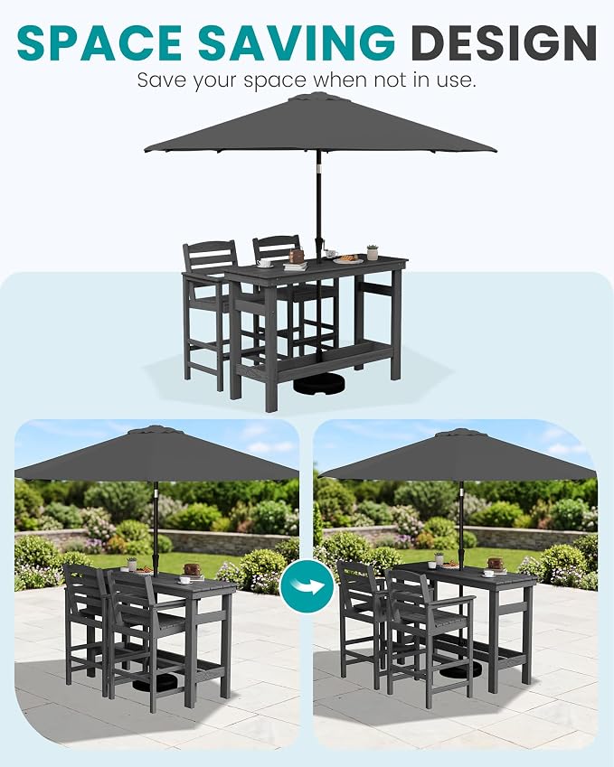 SERWALL Outdoor Bar Set with 9ft Umbrella, All-Weather HDPE Patio Bar Chairs and Table, Outdoor Furniture Set, Grey (Umbreall Base not Included)