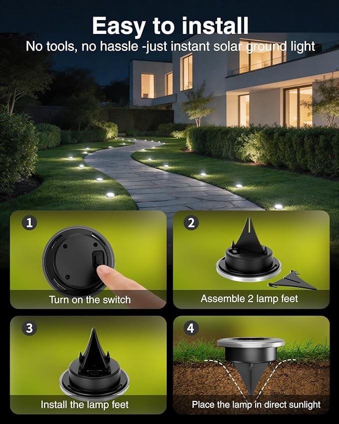 2.8 Inch Mini Solar Ground Lights 12 Pack, Solar Lights Outdoor Waterproof, Solar Garden Lights Outdoor Landscape Lighting for Pathway Walkway Patio Yard Driveway, Cold White