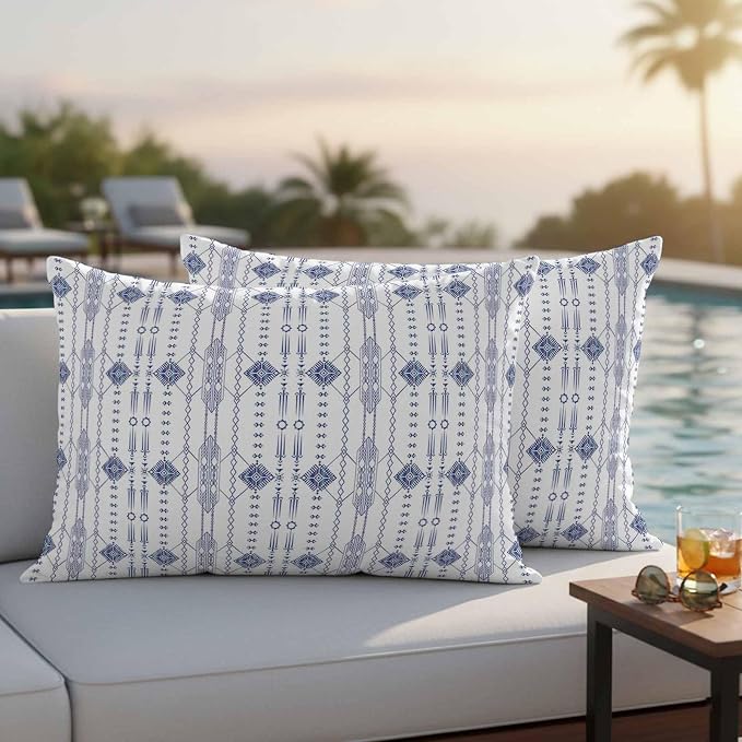 Outdoor Waterproof Pillow Covers Ikat Ethnic Seamless Decorative Throw Pillow Protectors,Indian Tribal Texture on White Pillowcase Cushion Cases for Patio Sofa Garden Couch,20x12in,Pack of 2