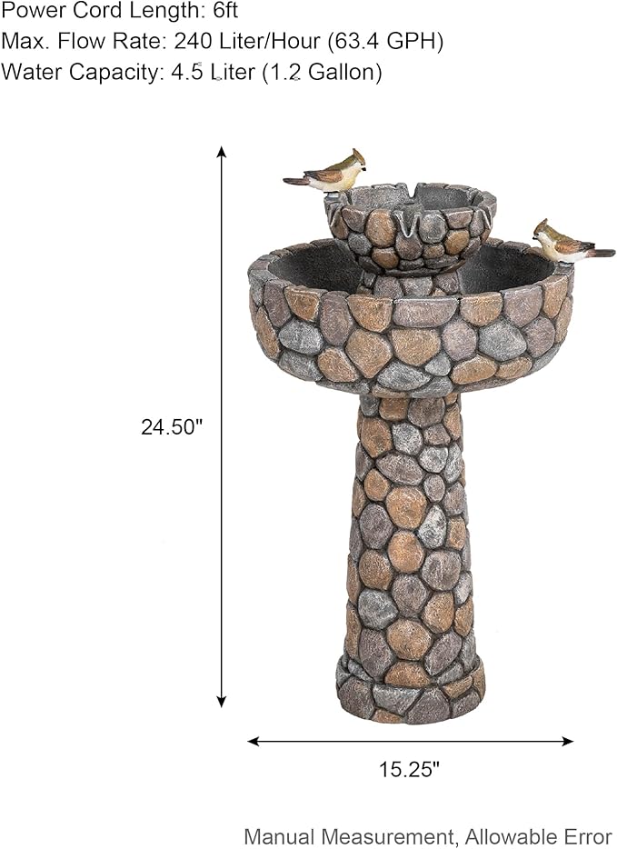 Glitzhome Water Fountain Outdoor with Birds Decor, 24.4”H 2-Tier Bird Bath Outdoor Fountain with Pump, Freestanding Garden Waterfall Fountains Water Feature