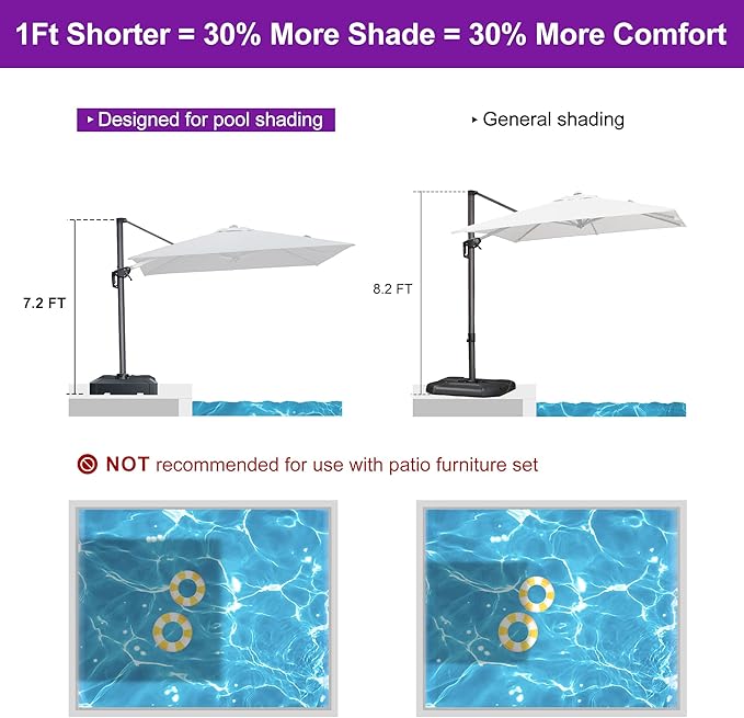 PURPLE LEAF 8' X 8' Patio Umbrella with Base for Pool 7' High Offset Outdoor Cantilever Umbrella Swimming Pool Umbrella with 360°Rotation for Poolside Light Grey