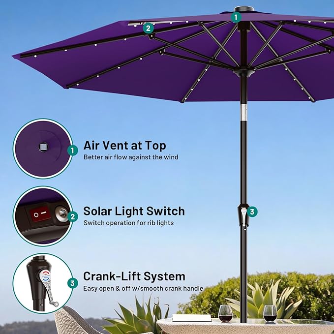 AreShark 9FT Patio Umbrella with Solar Lights, 32 Lighted Pool Umbrella w/Tilt and Crank, Outdoor Market Solar Umbrellas for Garden, Deck, Backyard, Pool and Beach, Purple