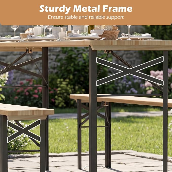 COSTWAY Folding Wood Picnic Table, Foldable Long Narrow Picnic Table with Benches Set for 4-6 People, Wooden Beer Table Metal Frame for Outdoor BBQ Party, Garden, Backyard