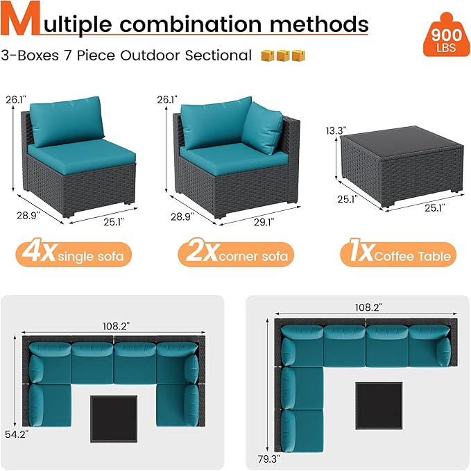 Patio Furniture Set, 7-Piece Outdoor Sectional All-Weather Wicker Patio Conversation Set for Backyard, Garden, Peacock Blue