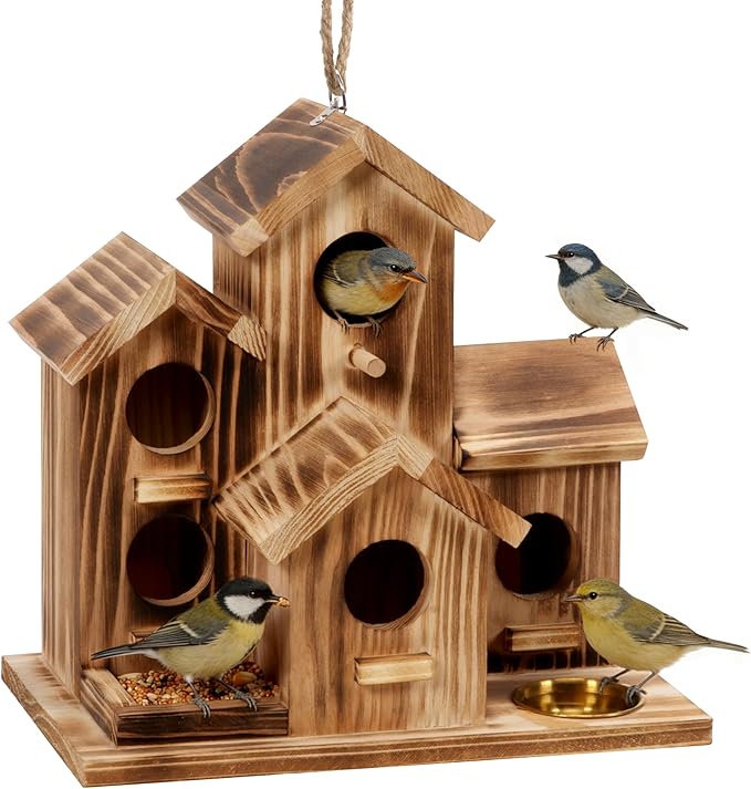 MIXXIDEA Bird House 5 Hole Bird Houses for Outside with Thickened Wooden Board，Birdhouse for Blue Bird Humming Bird and Chickadee Swallow. Hanging Edible Wild Bird Nest Garden Decorative
