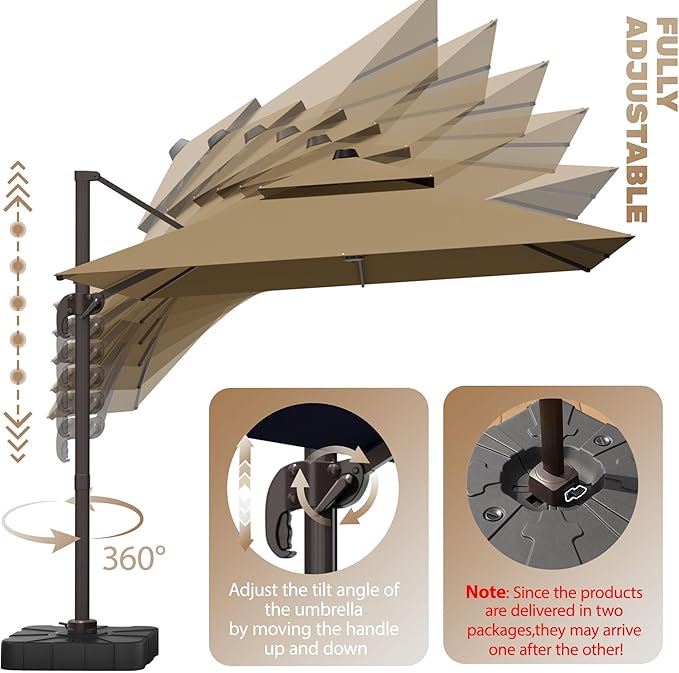 10x10Ft Patio Umbrella Outdoor Cantilever Rectangle Umbrella with Base Included, 6-Level Tilt & 360° Rotation Offset Umbrella for Garden, Deck, Pool(Brown)