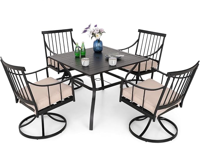 MFSTUDIO 5-Piece Patio Dining Set, 4 Swivel Metal Cushioned Chairs | 37" Square Metal Table, Umbrella Hole