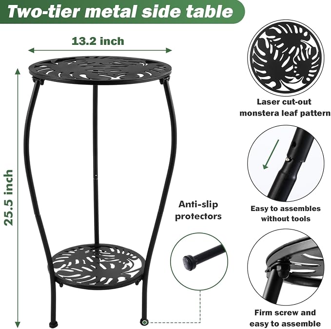 2-tiered 13.2 Inch Metal Round Side Table Set of Two Small Black Outside End Table for Patio Round Accent Garden Corner Stand for Small Spaces Weather-resistant Outdoor Coffee Table for Balcony, Black