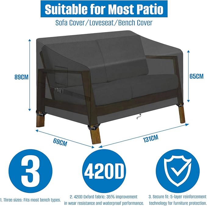 SIRUITON 2-Seat Garden Patio Sofa/Loveseat/Bench Cover 51" W x 27" D x 35" H,Heavy Duty 420D Oxford Waterproof Outdoor Sofa Cover, Lawn Patio Furniture Covers