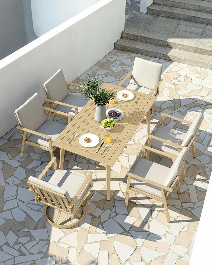 7 Pieces Outdoor Dining Set for 6, Never-Rust Aluminum Patio Swivel Dining Set with 2.2" Umbrella Hole, Outdoor Patio Furniture Set with 2 Swivel Chairs for Decks, Pool, Backyard, Maple Wood