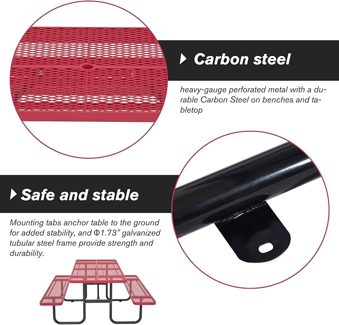 72'' Rectangular Steel Picnic Table for Outdoors,Commercial Metal Picnic Table with Umbrella Hole, Heavy Duty Sturdy Picnic Tables Furniture Set for Patio Garden Courtyard BBQ, Red