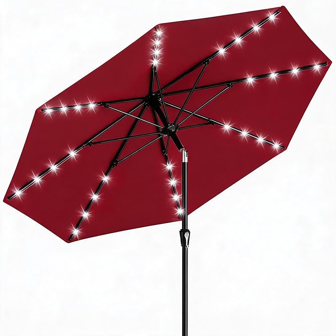 GarveeLife Patio Umbrella with Lights, 8 Ribs Outdoor Market Table Umbrella for Pool, Deck, Backyard (Red, 9 ft)
