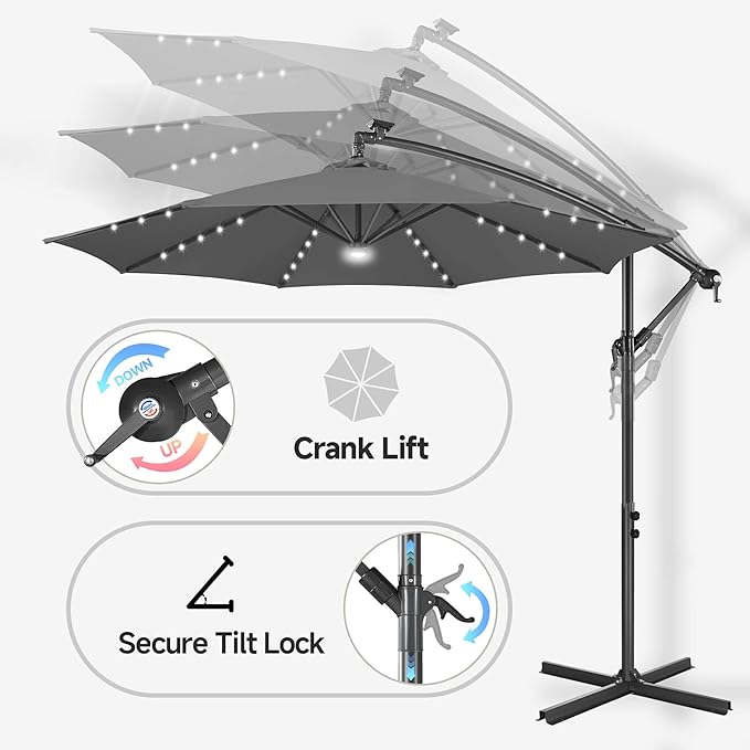 Solar Offset Patio Umbrella - 10 FT Solar Cantilever Umbrella Outdoor with 40 LED Lights and Cross Base, UV Protection for Garden, Deck, Backyard, Pool, Porch, Anthracite