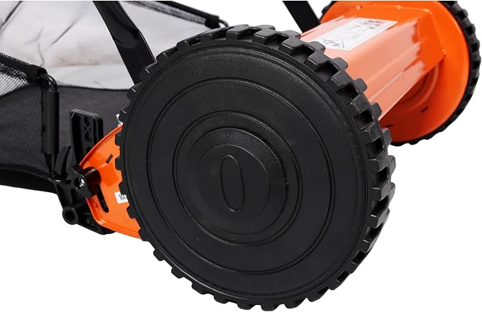 14 Inch 5-Blade Push Reel Lawn Mower with Grass Catcher Orange Manual Walk-Behind Mower Adjustable Cutting Height 0.6-1.8 Inches Lightweight 13.6 lbs Eco-Friendly Reel Mower for Residential Lawn
