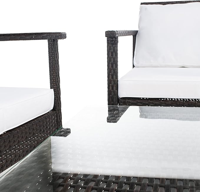 Safavieh Outdoor Collection Garnen Wicker Cushion 4-Piece Living Set PAT7714C, Brown/White