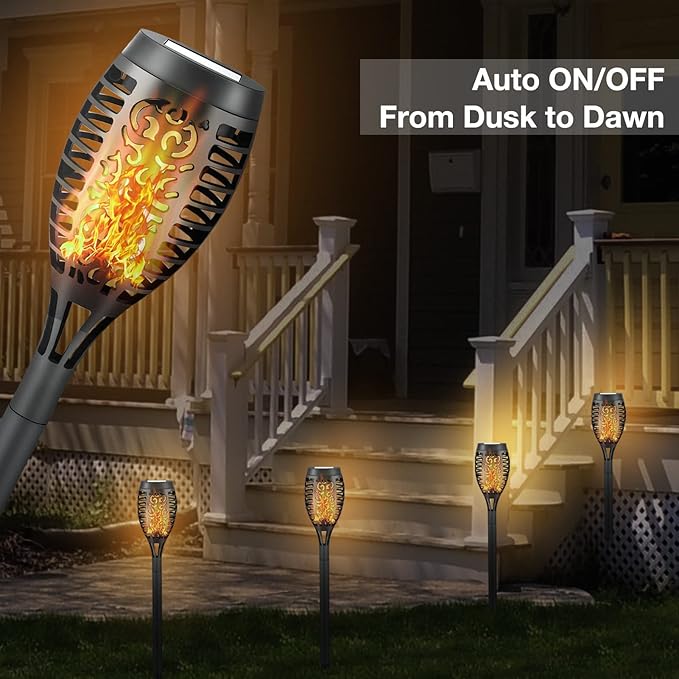 4 Pack Led Solar Torch Light with Flickering Flame Outdoor Waterproof Halloween Decorations, Solar Torches Stake Lights, Auto On/Off Garden Lights Christmas Decorations