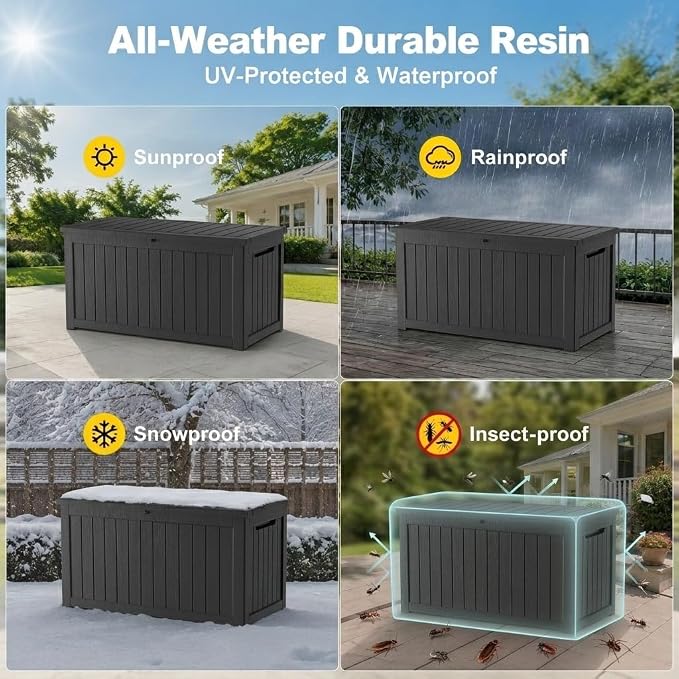 200 Gallon Outdoor Storage Box Resin Deck Box All Weather Waterproof Large Lockable Storage Container Deck Box for Patio Furniture, Garden Tools, Lockable, Black