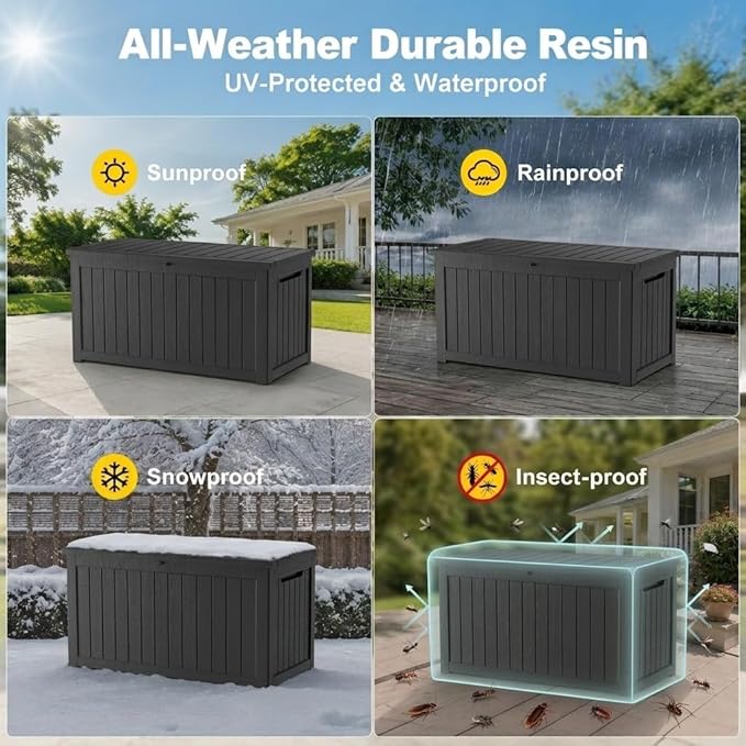 180 Gallon Outdoor Storage Box Resin Deck Box All Weather Waterproof Large Lockable Storage Container Deck Box for Patio Furniture, Garden Tools, Lockable, Black