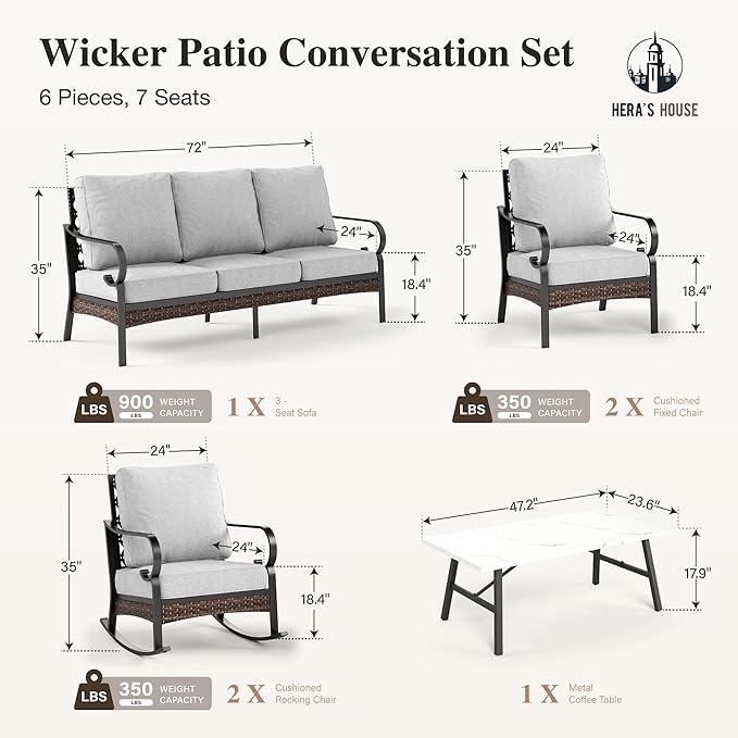 HERA'S HOUSE 6 Piece Metal Patio Furniture Set, All Weather Outdoor Conversation Set with 3-Seat Sofa, 2 Rocking Chairs, 2 Fixed Chairs & Coffee Table, 7 Seats for Backyard, Garden, Deck, Light Grey