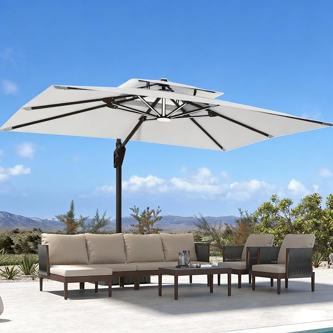 10' X 13' Patio Umbrella with Weighted Base and LED Lights Outdoor Cantilever Large Rectangle Offset Umbrellas Heavy Duty Aluminum Double Top with 360-degree Rotation for Pool Garden Deck, Fog Grey