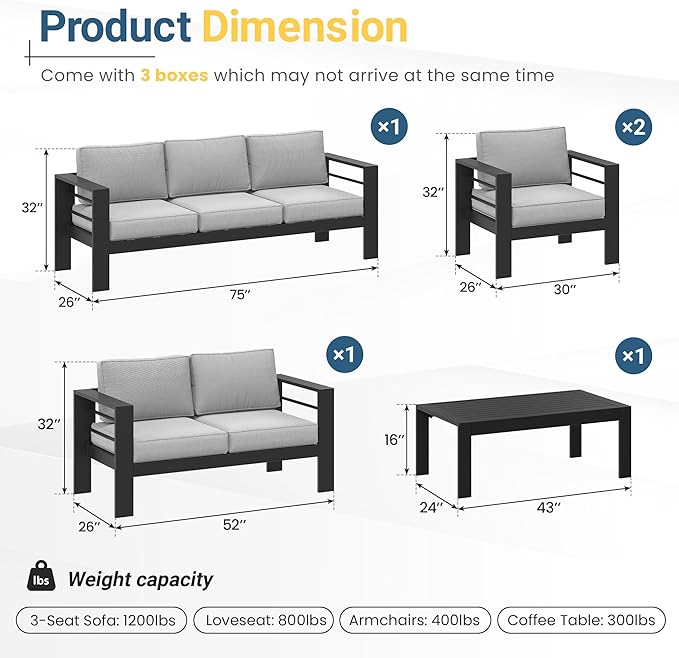 Wisteria Lane 5-Piece Outdoor Patio Furniture Set, Outdoor Sectional Furniture with Upgraded Cushions, Outdoor Conversation Seating Set for Balcony, Garden, Deck, Backyard, Black