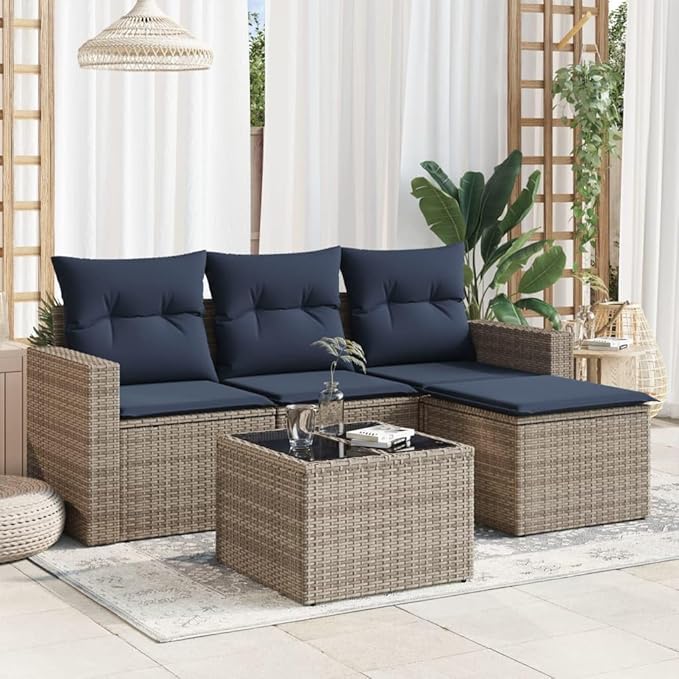vidaXL Patio Sofa Set with Cushions 5 Piece, Patio Furniture, Outdoor Sectional Sofa Conversation Set for Balcony Garden, Gray Poly Rattan