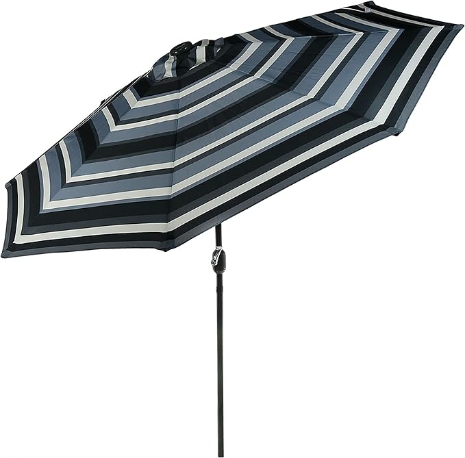 Sunnydaze 9 ft Striped Patio Umbrella with Solar Lights - Polyester LED Table Market Umbrella with Tilt and Crank - Catalina Beach Stripe