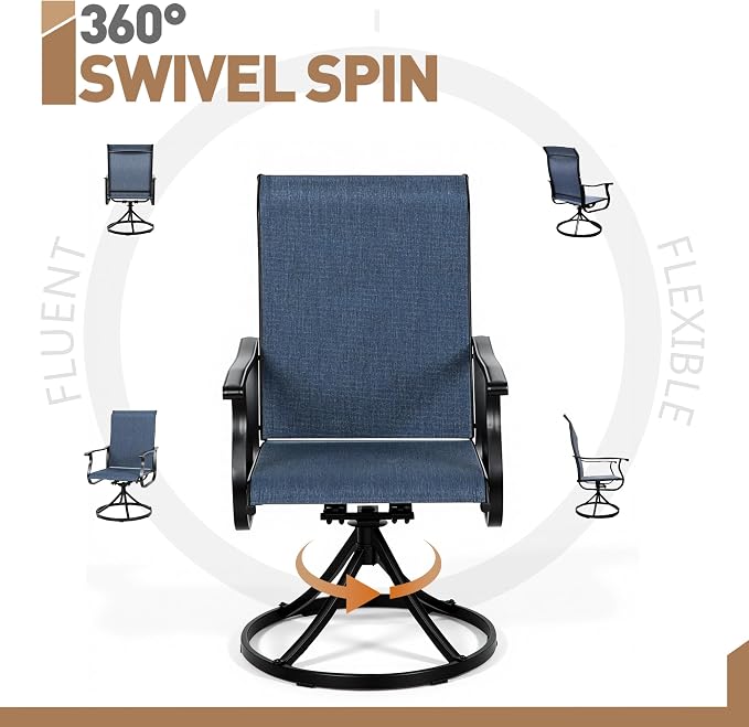 Crownland Outdoor Swivel Dining Chair Set of 4, All Weather 360° Swivel Rocking High Back Model Patio Dining Chairs, Textilene Fabric Wrought Iron Dining Chair Set for Backyard, Lawn, Garden(Blue)