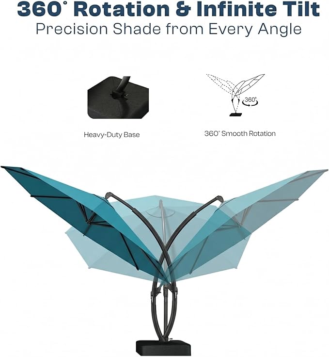 12 FT Cantilever Umbrella with Base Included, Large Round 360° Rotation Offset Umbrella Outdoor Patio, Heavy Duty Aluminum Frame, Sand-Weighted Stand, for Deck, Backyard, Pool, Garden (Lake Blue)