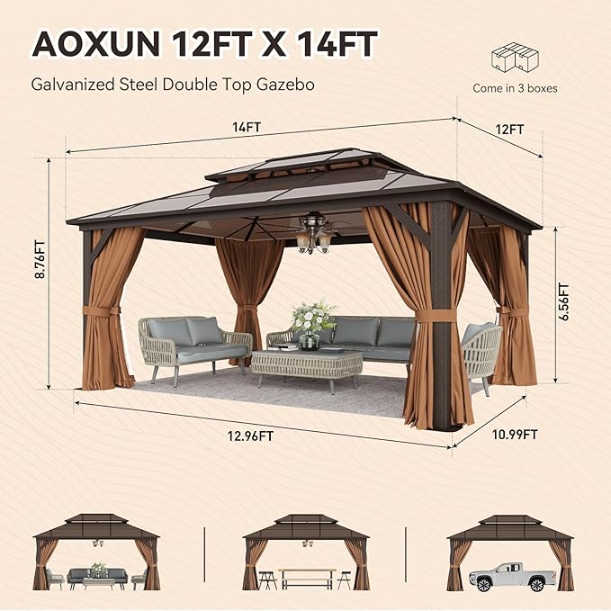 Aoxun 12'x14' Hardtop Gazebo, Outdoor Metal Gazebo with Double Polycarbonate Roof Canopy, Permanent Pavilion with Netting and Curtains for Lawn, Garden, Patio