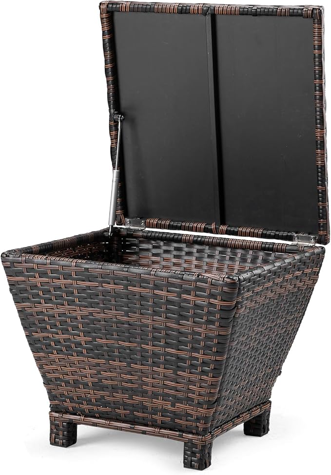 Outdoor Side Table with Storage, 13 Gallon Outdoor Bin Storage Container for Hose Cushion Towel, Patio Wicker Side Table (Brown)