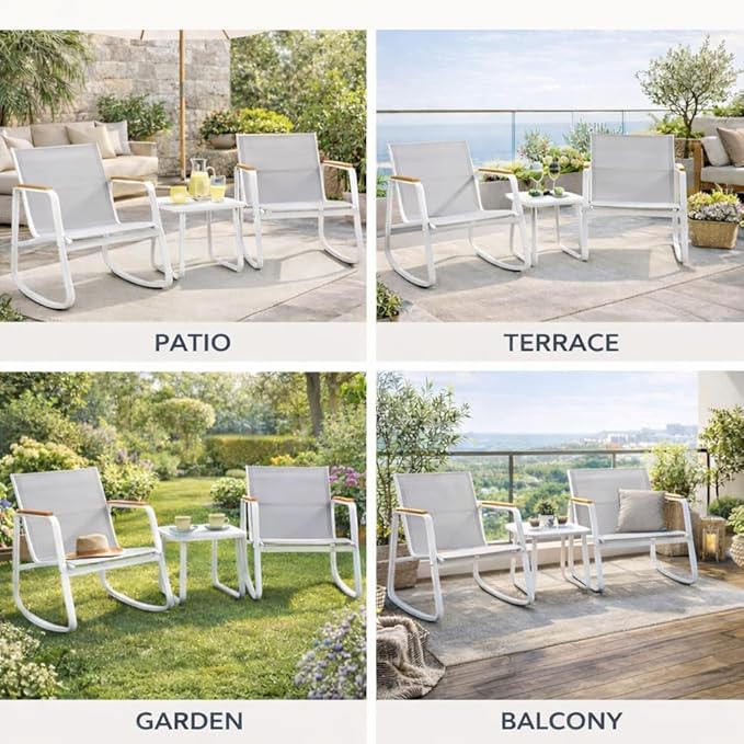 Kozyard 3 Piece Rocking Chair Set, Outdoor Rocking Textilene Bistro Set with Wooden Armrests, Outdoor Patio Furniture Set with Glass Table for Lawn, Porch, Yard, Garden, Balcony, Poolside White