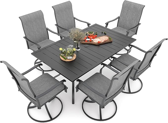 Anmutig 7-Piece Outdoor Dining Set, 6 Swivel Chairs＆63‘’ Rectangular Table All Weather Frame Furniture Set - Grey Style1