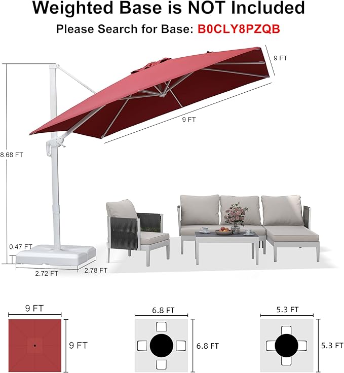 PURPLE LEAF 9 FT Patio Umbrella White Cantilever Umbrella Aluminum Square Outdoor Offset Umbrella Hanging Windproof with 360° Rotation for Garden Deck Pool, Red